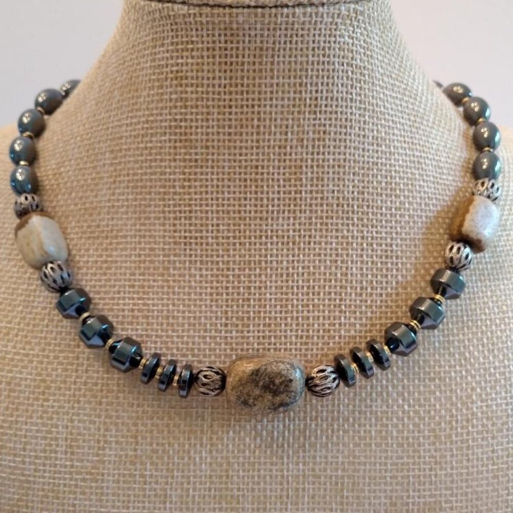 Silver Tone Hematite & Semi Precious Stone Necklace